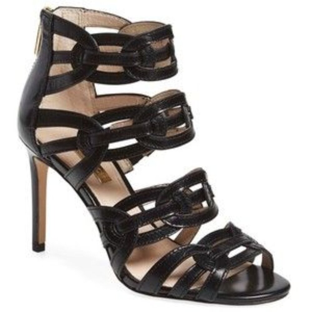 Louise et Cie New Sandals Leather Strappy Stilettos Heels Back Zip BLACK NIB 8M